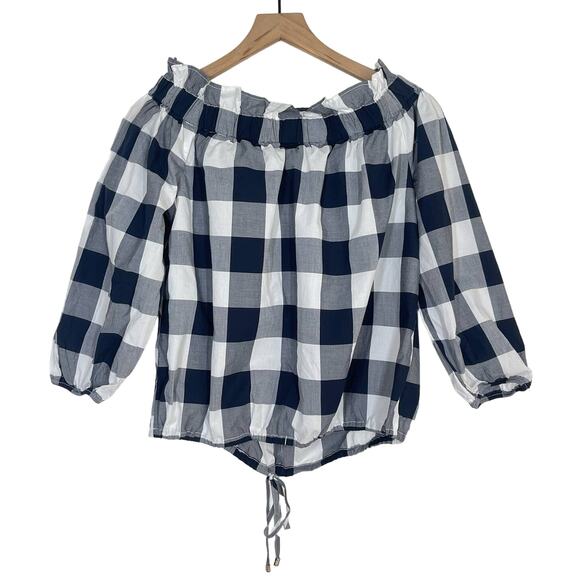 NEW Tommy Hilfiger Blouse Women's Size Small Navy Gingham Off the Shoulder Top - Picture 2 of 6